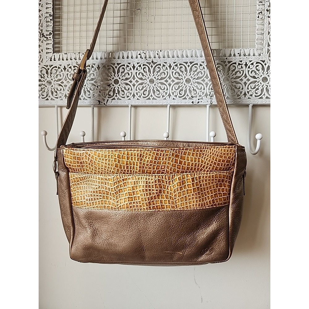 Vintage SAS Metallic Bronze  LEATHER CROSSBODY mustard‎ Croc Shoulder Bag Purse